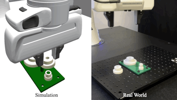 A GIF image showing a simulated robot on the left side inserting a peg and on the right side a real robot inserting the same peg in real life.